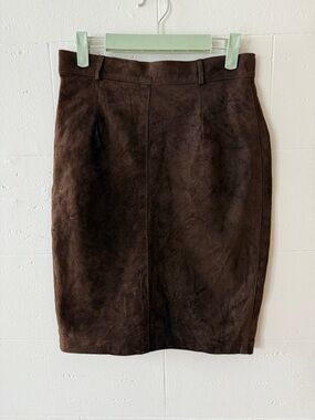 Brown Suede Classic Skirt | Midi Leather |  13.5" Waist